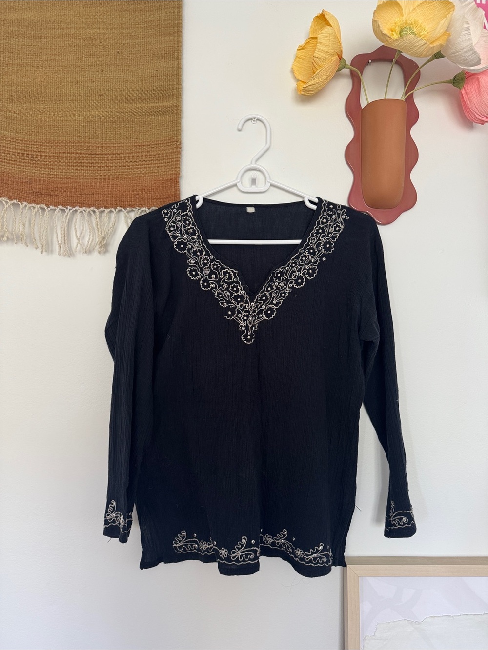 Black Embroidered V-Neck Women's Top